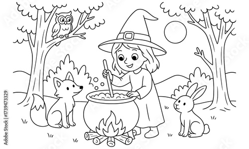Cute witch mixing potion in forest with animals black and white outline art