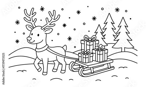 Cute reindeer pulling sled with gift boxes in snowy winter landscape coloring page