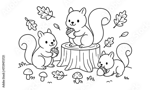Playful squirrels gathering acorns in a woodland scene line art