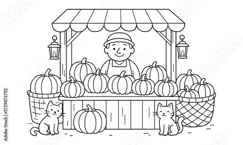Harvest market stall: outline of farmer with pumpkins and cats
