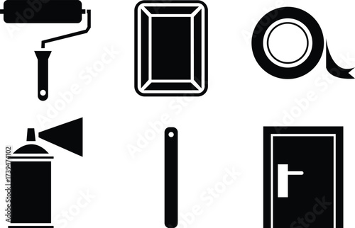 Home renovation tools set black and white icons for design projects