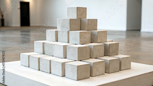 Contemporary art sculpture featuring stacked geometric blocks in minimalist gallery space