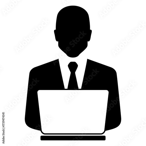Logo hombre de negocios. Icono con silueta de hombre con traje y corbata trabajando online con ordenador portatil