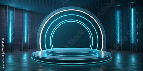 Fototapeta Naklejka Na Ścianę i Meble -  Blue empty stage with circular light tunnel design pattern for 3D architecture backgrounds and vector illustration texture