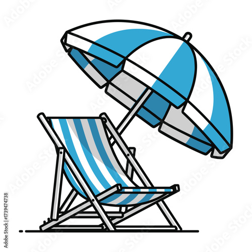 Blue and white striped deck chair and beach umbrella illustration beach chair