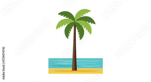 A cartoon palm tree stands on a yellow beach next to turquoise ocean water