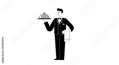 A monochrome cartoon waiter holds a covered platter and a towel