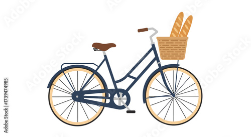 A navy blue bicycle with a basket containing two baguettes featuring brown seat and light brown tires