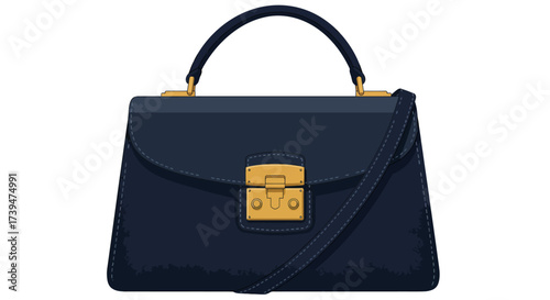 A navy handbag with a top handle gold hardware and a crossbody strap on a white background