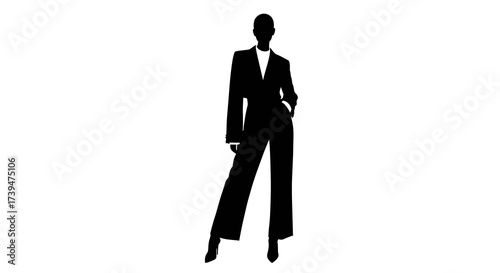A silhouette of a woman in a blazer and widelegged pants stands with one hand in her pocket