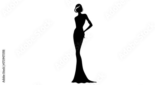A silhouette of a woman with short hair wearing a long dress