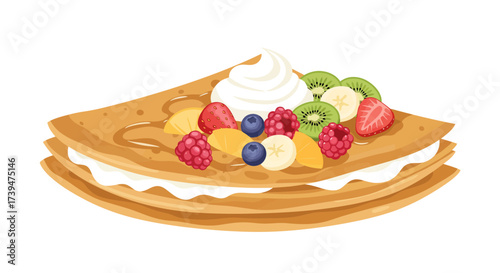 A sweet crepe with whipped cream raspberries strawberries blueberries kiwis bananas and pineapple