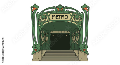 Art Nouveaustyle metro entrance featuring green ironwork arched design and METRO sign with stairs leading inside