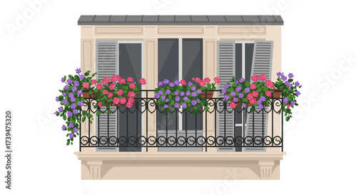 Balcony with flower boxes on a building façade ornate railing shutters