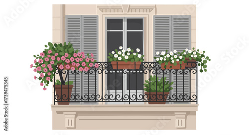 Balcony with iron railing window shutters and potted plants with pink and white flowers