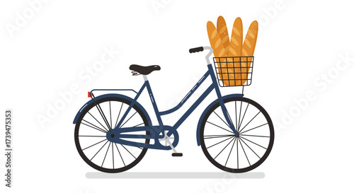 Blue bicycle with a basket holding three baguettes against a white background