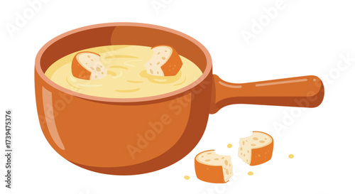 Bowl of soup with bread croutons orange bowl with handle and bread pieces