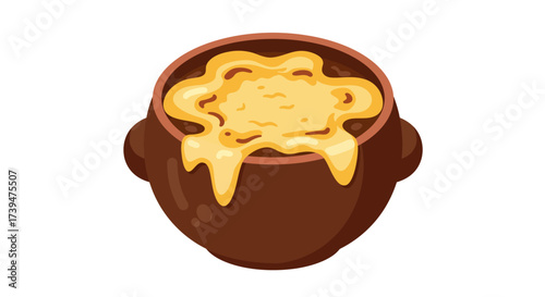 Cartoonstyle brown pot filled with soup topped with melted yellow cheese