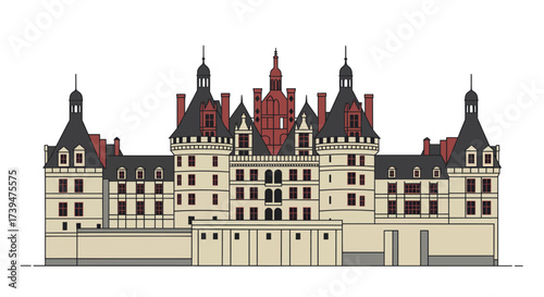 Detailed flatstyle illustration of a French Renaissanceera castle