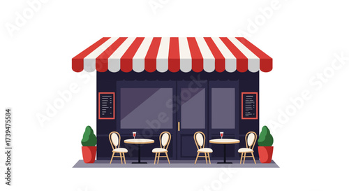 French café facade with redwhite awning menu boards tables chairs and potted plants