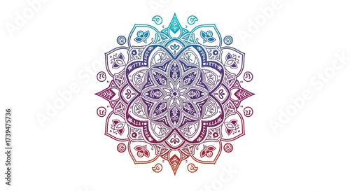 Vibrant gradient mandala art, intricate symmetrical design on pristine white backdrop