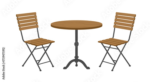 Round wooden table with two chairs set gray metal frames wood slats