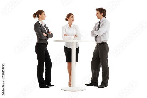 Professional business people engage in a focused discussion at a modern standing table