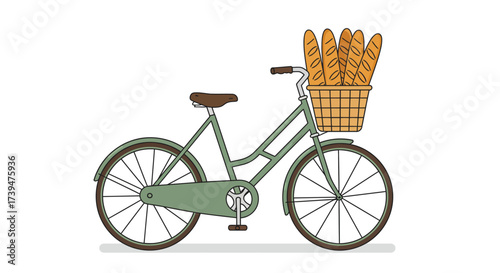 Olivegreen bicycle with bread baguettes in a basket over the front wheel