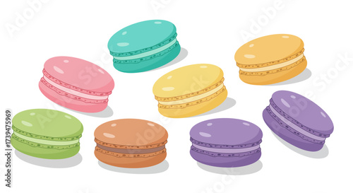 Seven colorful macaroons are arranged in a scattered yet visually balanced composition on a white surface