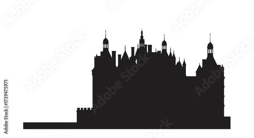 Silhouette of a multiturreted castle against a white background showing detailed architectural features