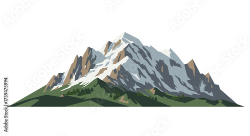 Snowy mountain range rises from a green base