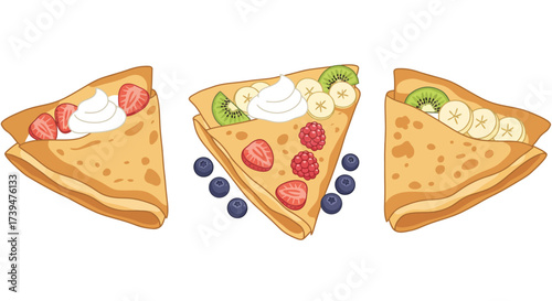 Three crepe desserts with fruit and whipped cream are arranged horizontally
