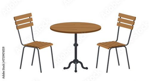 Two chairs surround a wooden round table with a dark metal base