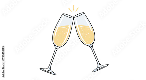 Two champagne glasses clinking together filled with sparkling wine and celebratory sparks