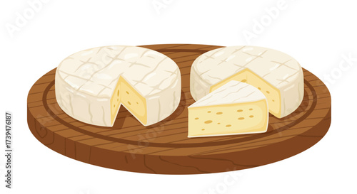 Two cheese wheels with slices removed displayed on a wooden board isolated on white