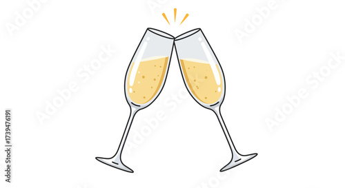 Two champagne flutes filled with bubbly liquid are toasting creating a celebratory graphic