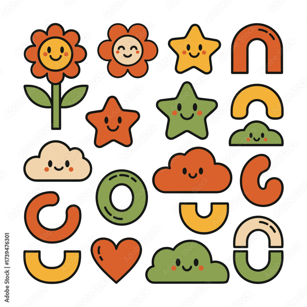 Fototapeta premium Collection of cute cartoon shapes and characters in retro colors flower smiling flower