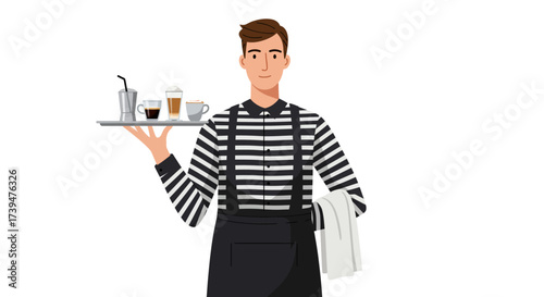 Waiter in striped shirt apron holding tray with beverages towel