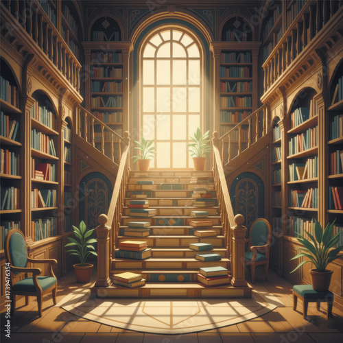 Atmospheric illustration of a grand old library with wooden shelves, a staircase full of books, and sunlight streaming through tall windows. Vector illustration