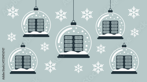 Snow globes with server racks inside hanging with snowflakes on a light blue background in a pattern