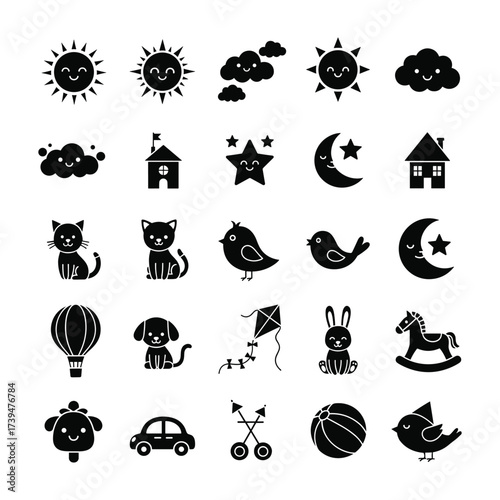Collection of black silhouette icons of cute cartoon objects and animals cloud house
