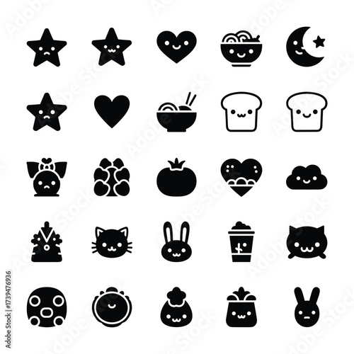 Collection of cute kawaii black icons with various objects and faces black and white star
