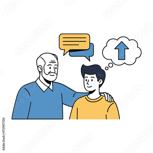 Older man with hand on younger man's shoulder with speech and thought bubbles vector