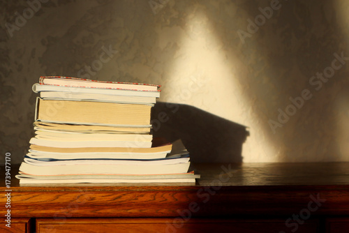 A stack of books lies on a wooden chest of drawers. A cozy atmosphere.