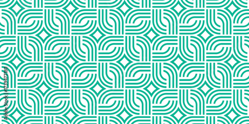 Seamless geometric pattern with curved green lines and diamond shapes on a white background.