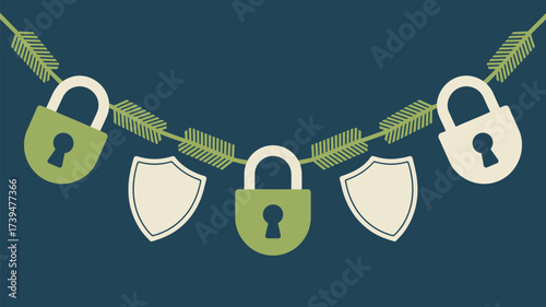 Illustration of locks and shields hanging from a garland on a dark blue background design concept