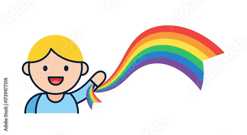 A cheerful cartoon character celebrating diversity and inclusion with a vibrant rainbow stream