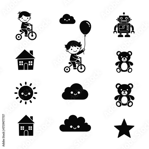 Black silhouette icons of a boy on a tricycle holding a balloon a robot teddy bears a house a sun and clouds