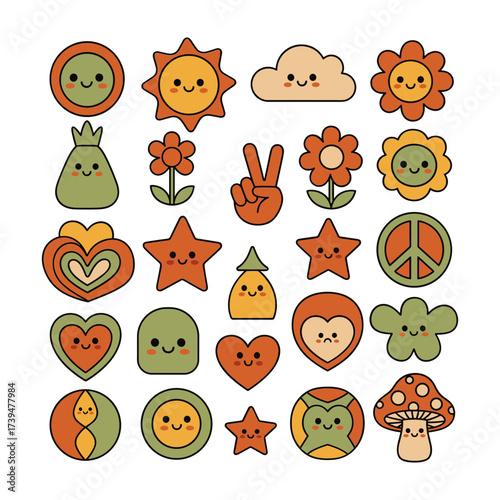 Retro kawaii cartoon icons sun cloud flower peace sign heart star mushroom vector