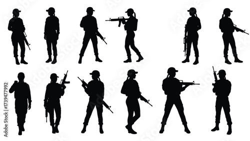 Female Military Silhouettes Collection with Assault Rifles on White